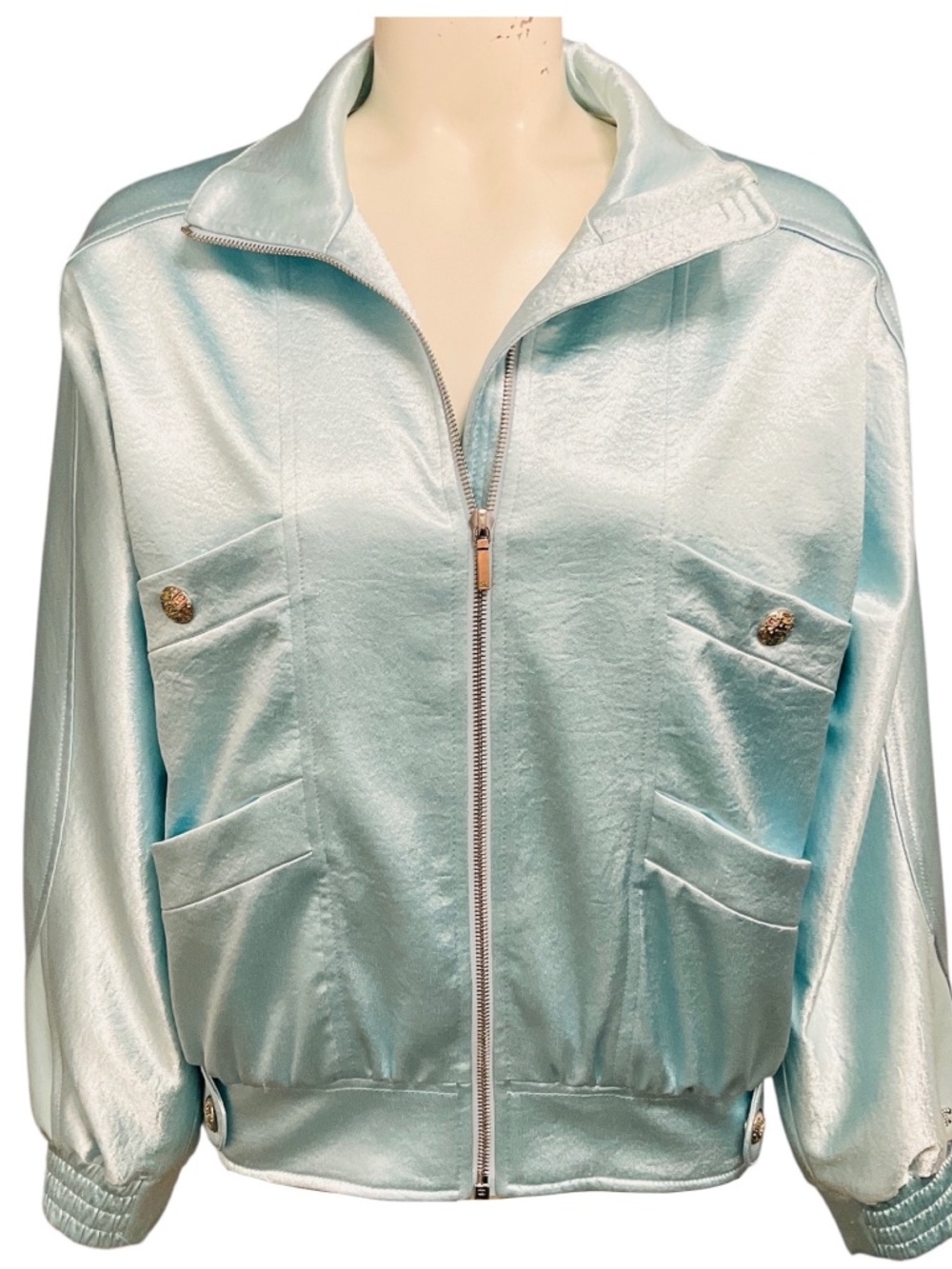 CHANEL RARE BABY BLUE RHINESTONE CC LOGO LAMBSKIN LEATHER TRIMMED SATIN BOMBER J